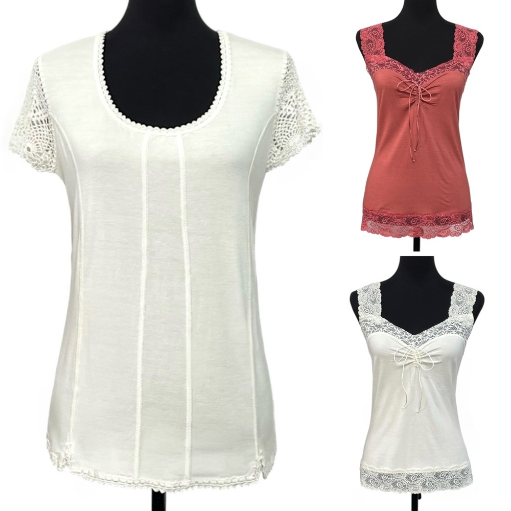 Y2K Lace And Crochet Tops Bundle Size XL 3 Piece Ruched Tank & Short Sleeve Lot